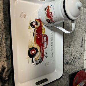 Red and White Farm Truck Tray and Mug Set